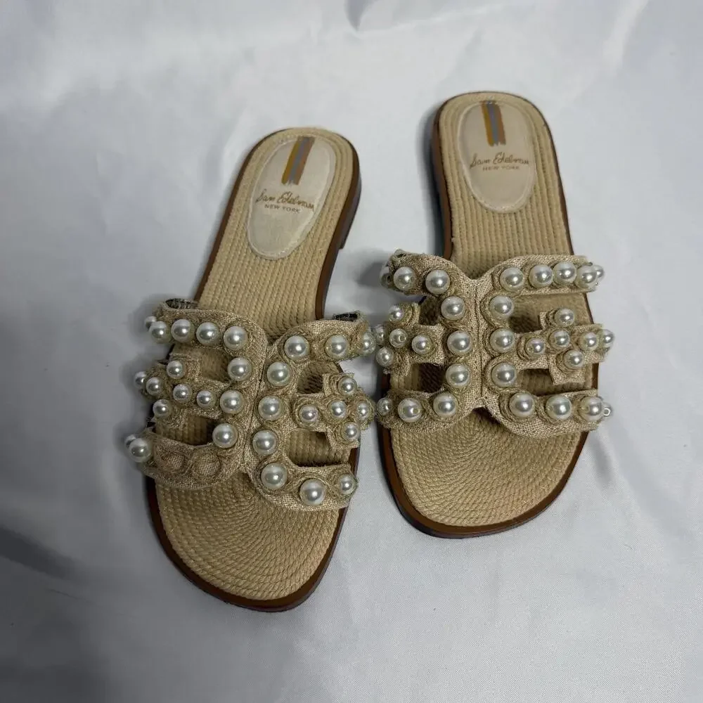 SAM EDELMAN Faux Pearl Embelished Boho Sandals Womens Size 7 - Picture 2 of 5